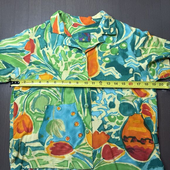 VINTAGE Jams World Hawaiian Floral Blouse Women’s XS Lily Vase Aloha Button Top - Picture 6 of 13